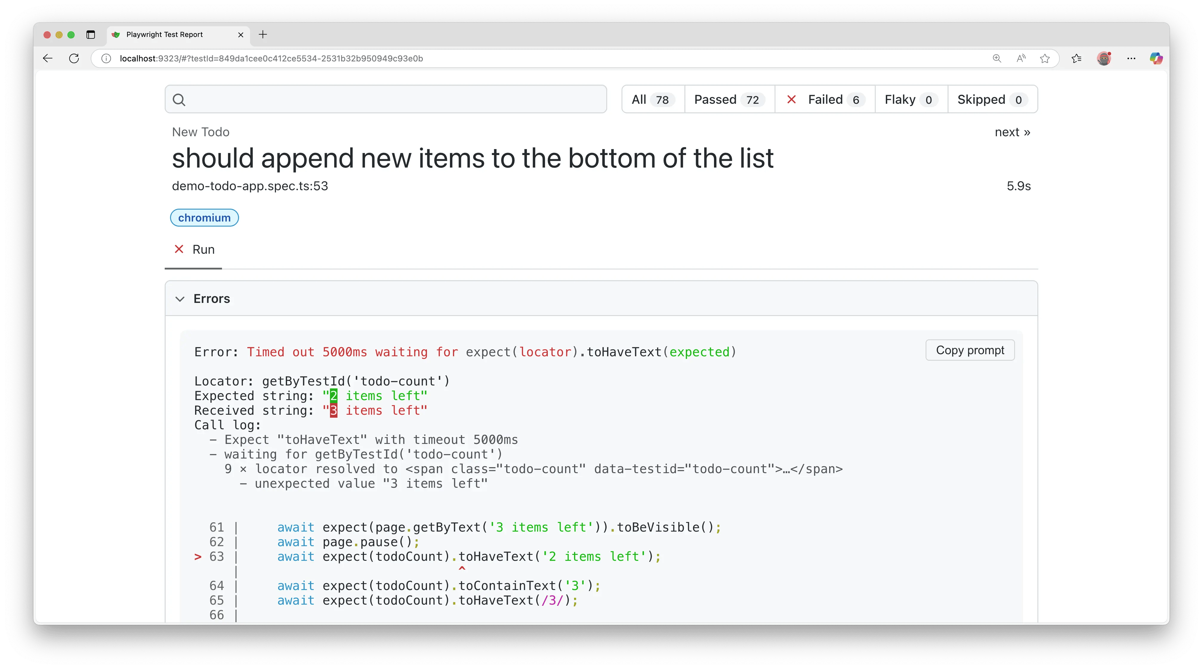 HTML Reporter detail view